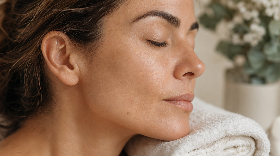 Close-up of a woman's cheek and jawline with even-toned, naturally luminous skin resting on a cream towel