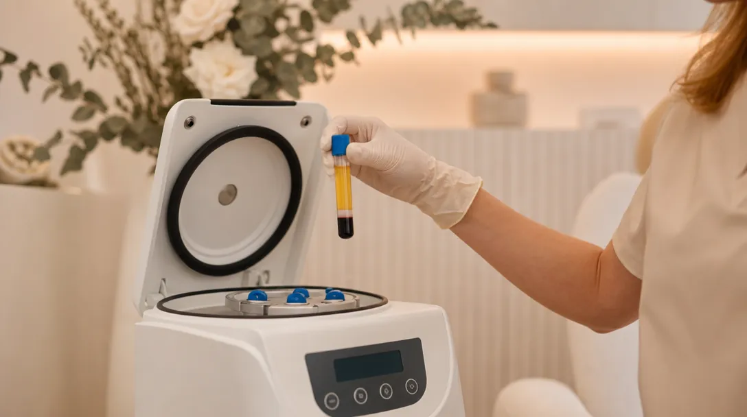 A CoLaz clinician prepares a PRP syringe with concentrated platelets in a calmly lit treatment room before a hair loss session