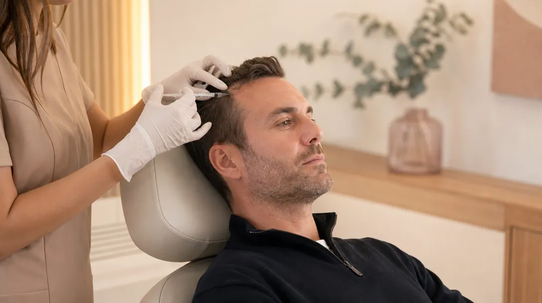 A CoLaz clinician marks the injection pattern across the crown of a patient's scalp with a sterile pen before a PRP session begins