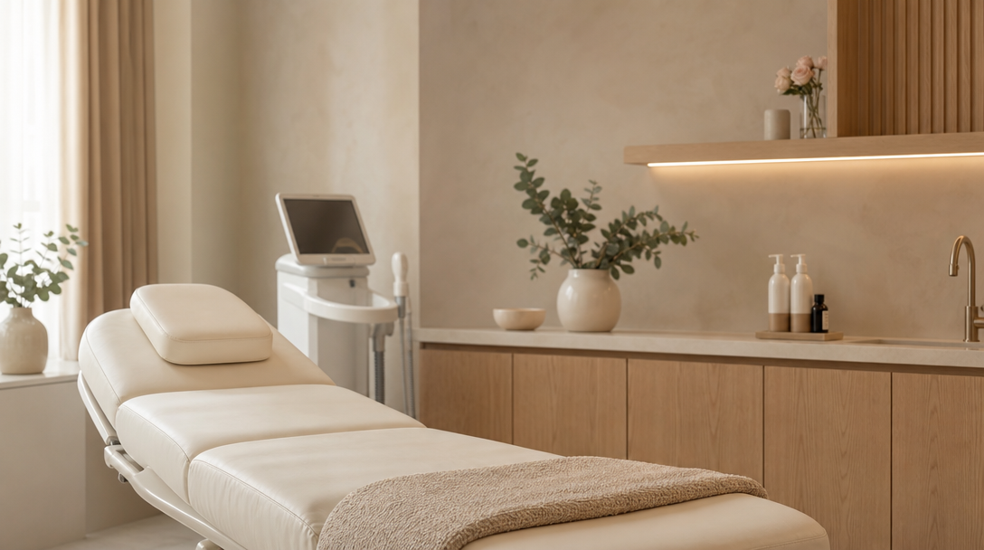 A calm modern aesthetic-clinic treatment room with a cream-upholstered bed, warm wood counter and eucalyptus in a ceramic vase