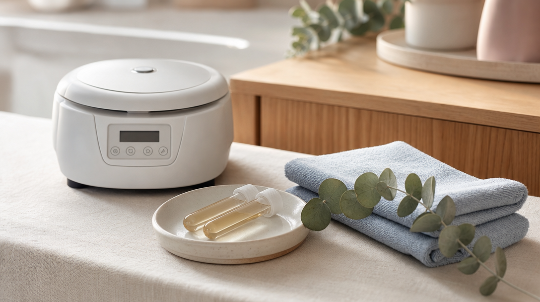 Benchtop centrifuge and sealed tubes of pale golden plasma on cream linen, used to prepare platelet-rich plasma