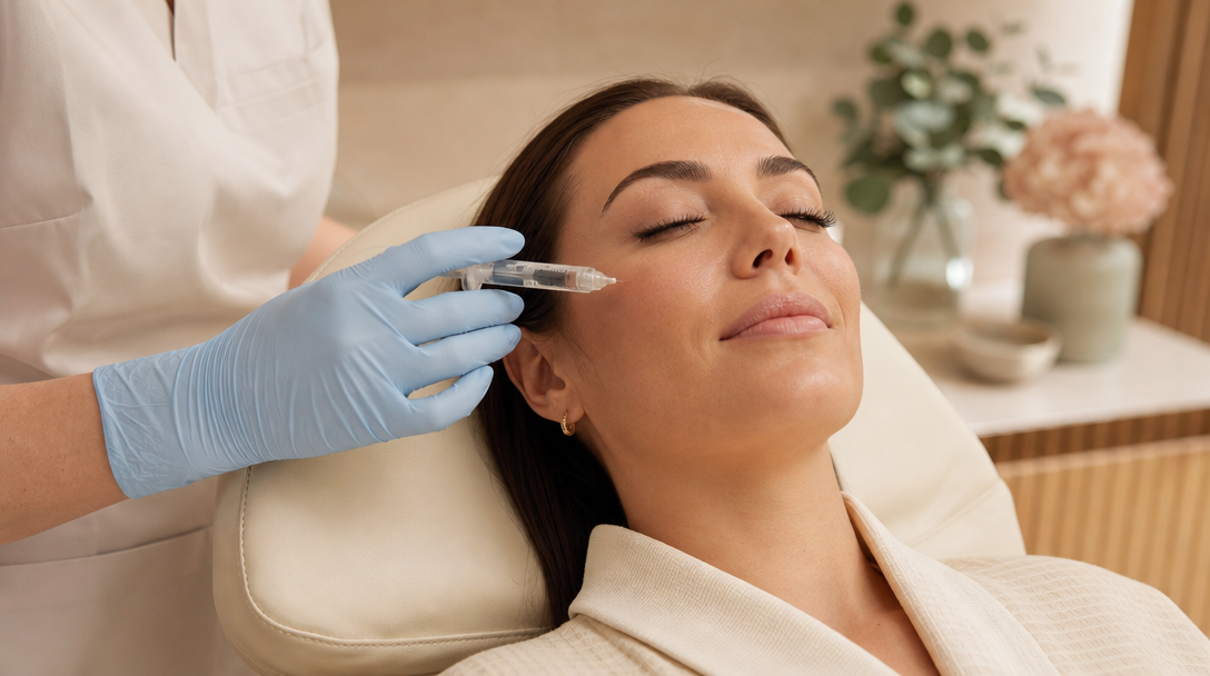A CoLaz clinician's gloved hand holds a fine injection device near a patient's cheek during a polynucleotide skin treatment session