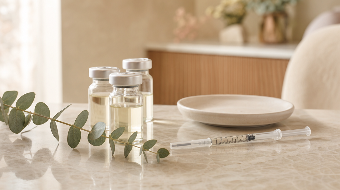 Editorial still life of polynucleotide treatment vials and a fine sprig of eucalyptus arranged on a cream marble surface
