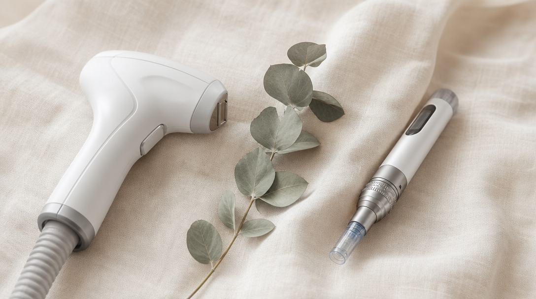 A laser handpiece and a microneedling device side by side on cream linen
