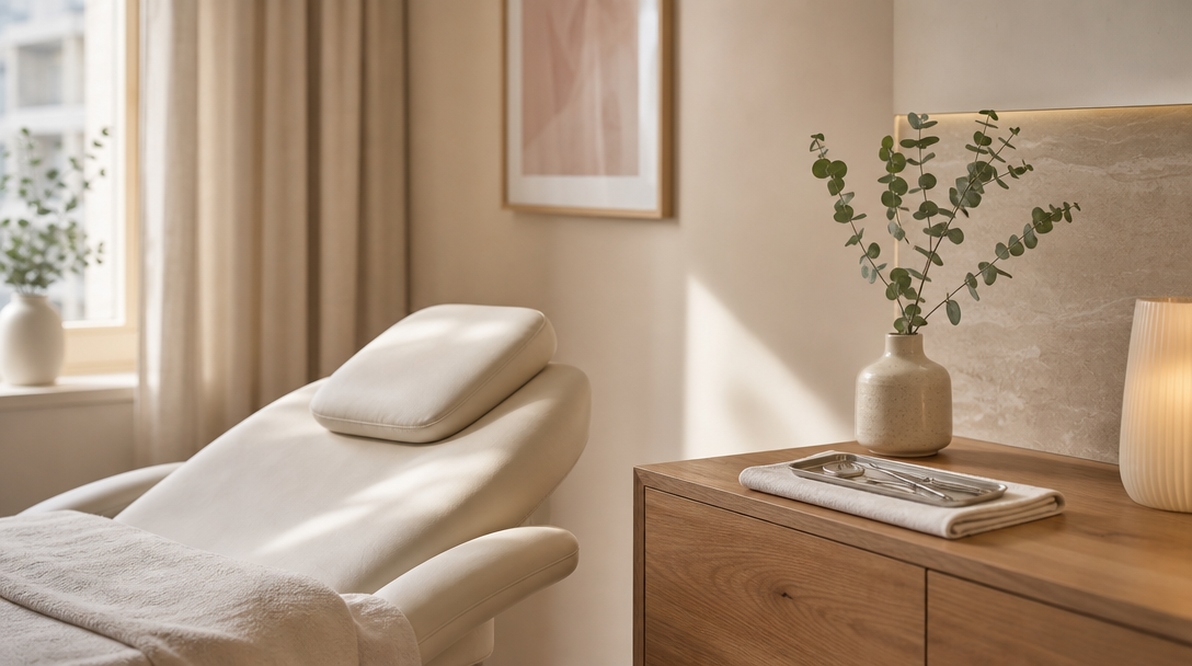 A calm, softly lit CoLaz treatment room with a cream treatment bed, warm wooden counter and a small instrument tray