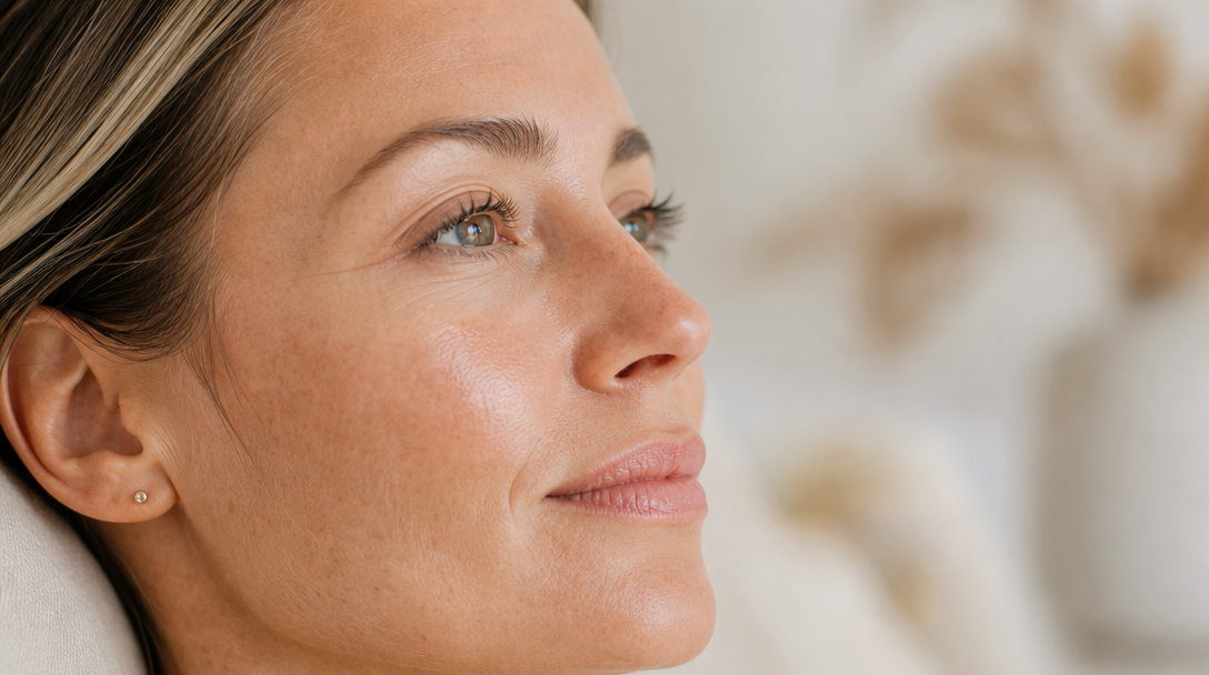 Close-up side profile of healthy, evenly toned skin around a woman's under-eye area in soft natural light