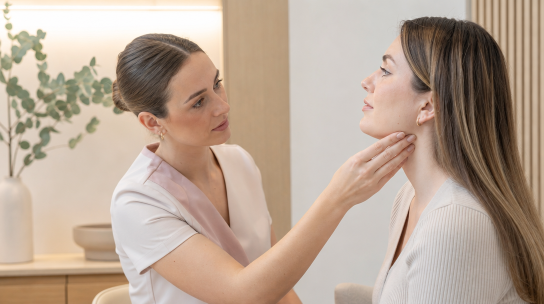 A CoLaz clinician examines a patient's neck skin tag during a calm, softly lit consultation