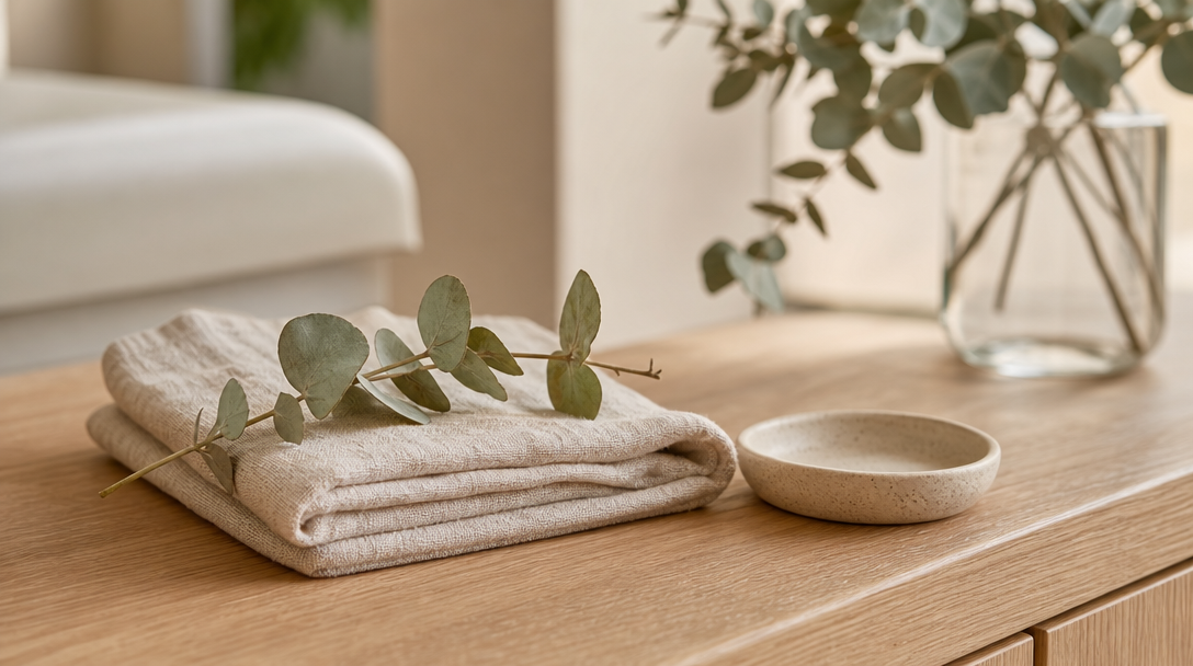 An editorial still life of a folded cream towel, a sprig of eucalyptus and a small ceramic dish on a warm wooden surface