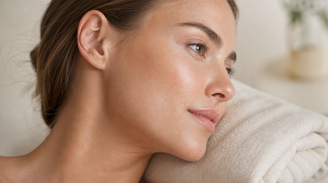 Close-up of naturally firm, even-toned skin resting on a soft cream towel, showing the collagen quality smoking undermines