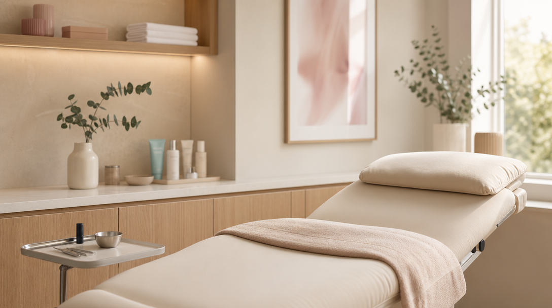 A calm, modern aesthetic clinic treatment room with warm wood and cream tones, where skin-firming treatments are carried out
