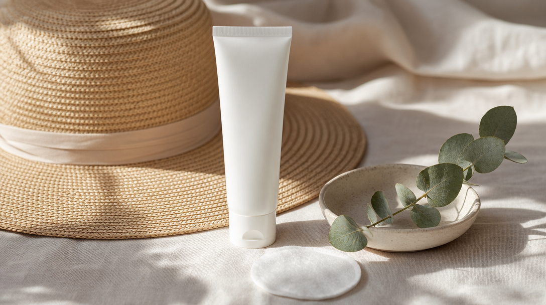 Editorial still life on cream linen: a plain sunscreen tube, a folded sun hat, a cotton pad and a sprig of eucalyptus in soft daylight