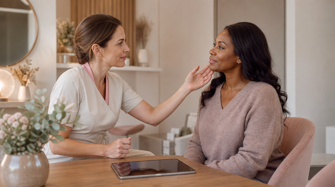 A CoLaz clinician pointing to a patient's cheek and jawline while explaining Sunekos vs Profhilo in a calm consultation room