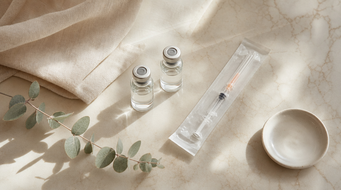 Two unlabelled glass vials and a sealed syringe on cream marble beside a eucalyptus sprig, a still life of skin booster preparation