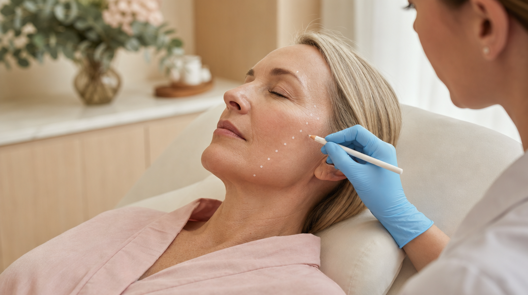A clinician in blue gloves marking small white dots along a relaxed patient's cheekbone and jawline before a skin booster