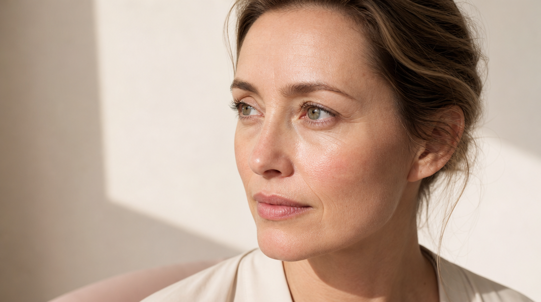 Close-up of a woman's under-eye and upper cheek in soft side light, showing a gentle natural hollow