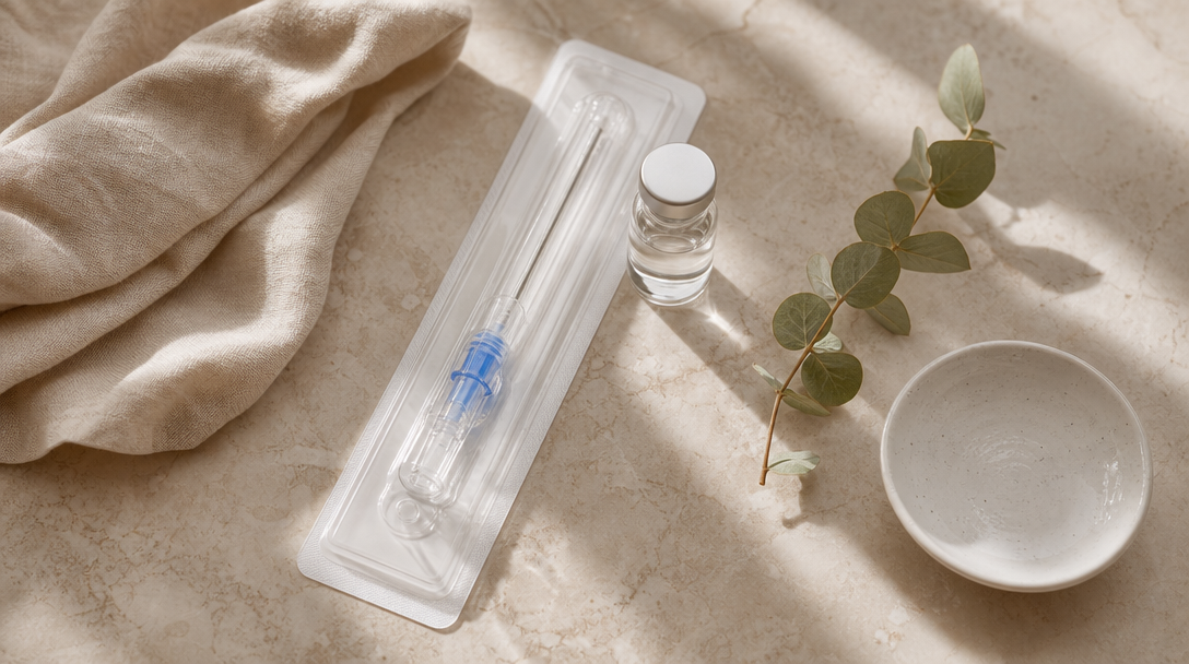 Editorial still life of a sealed blunt-tip cannula, an unlabelled vial, cream linen and a sprig of eucalyptus on cream marble
