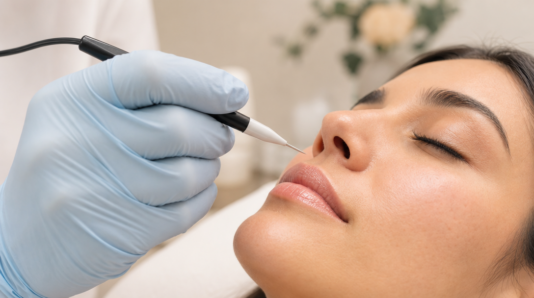 A clinician holds a slim electrolysis probe close to a relaxed patient's upper lip during a treatment session at a CoLaz clinic
