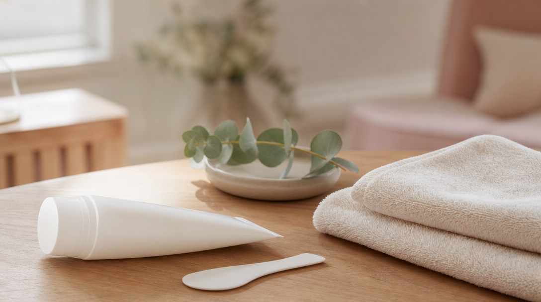 Editorial still life of a hair removal cream tube, a spatula and a folded cream towel on a warm wood surface