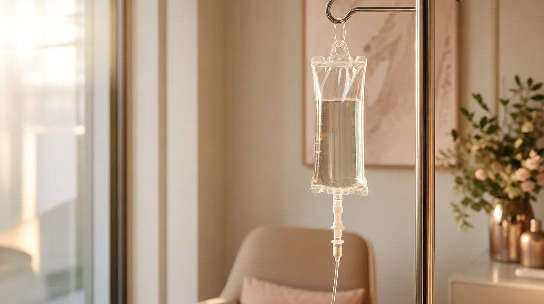 A close-up of a saline IV bag and a clinician's gloved hand checking the flow rate, photographed in a calm clinic setting