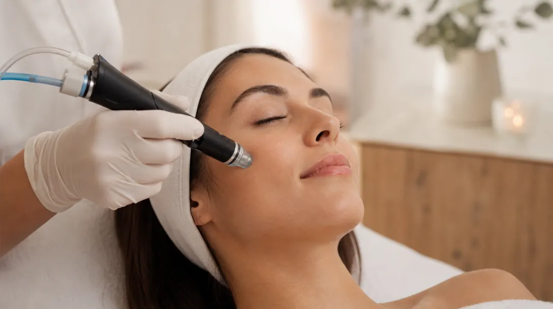 A CoLaz clinician holds a Hydrafacial handpiece across the forehead of a relaxed patient lying back on a clinic bed, in soft natural lighting