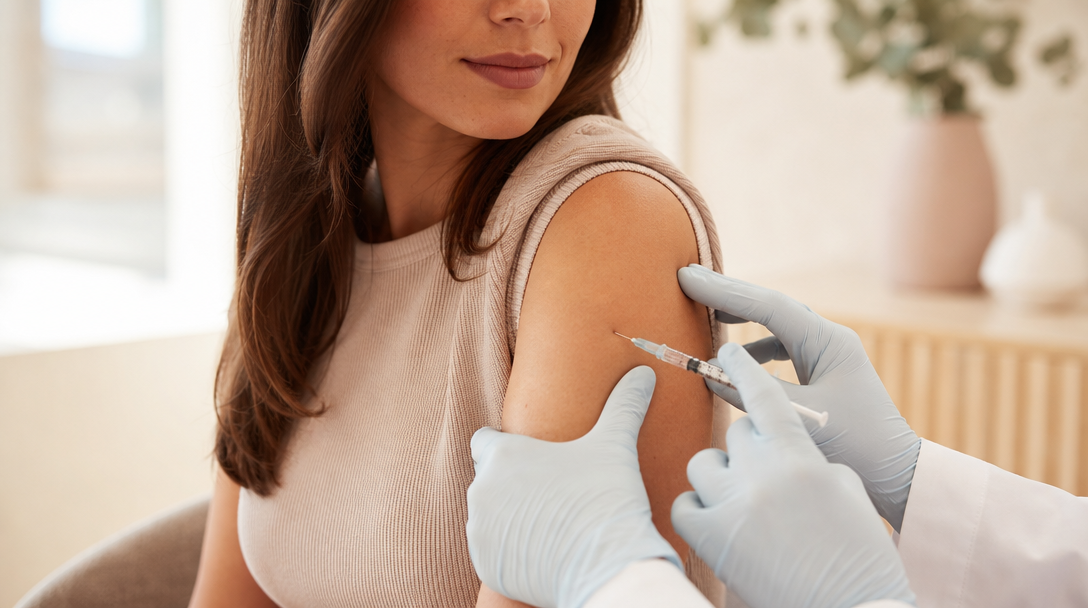 A clinician giving a careful intramuscular B12 injection into a patient's upper arm