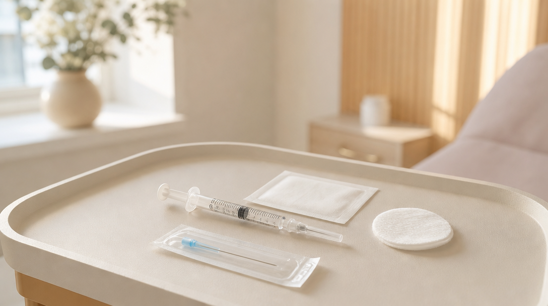 A neatly arranged clinical tray with a prepared syringe, sealed needle and antiseptic wipe