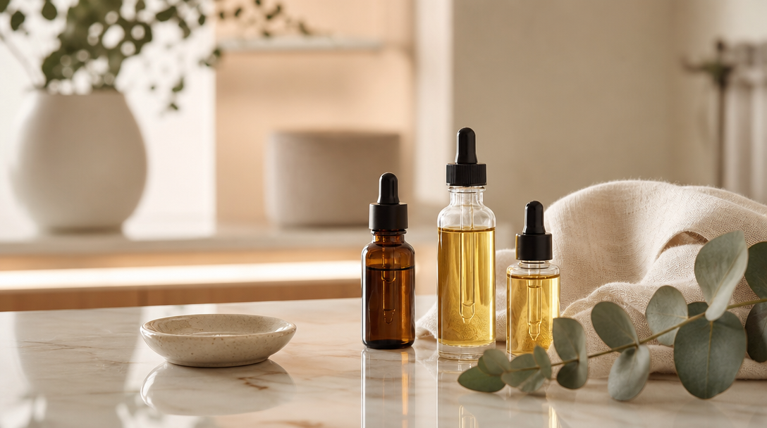 Editorial still life on a cream surface: small glass bottles of facial oil, a folded soft cloth and a sprig of eucalyptus in warm daylight
