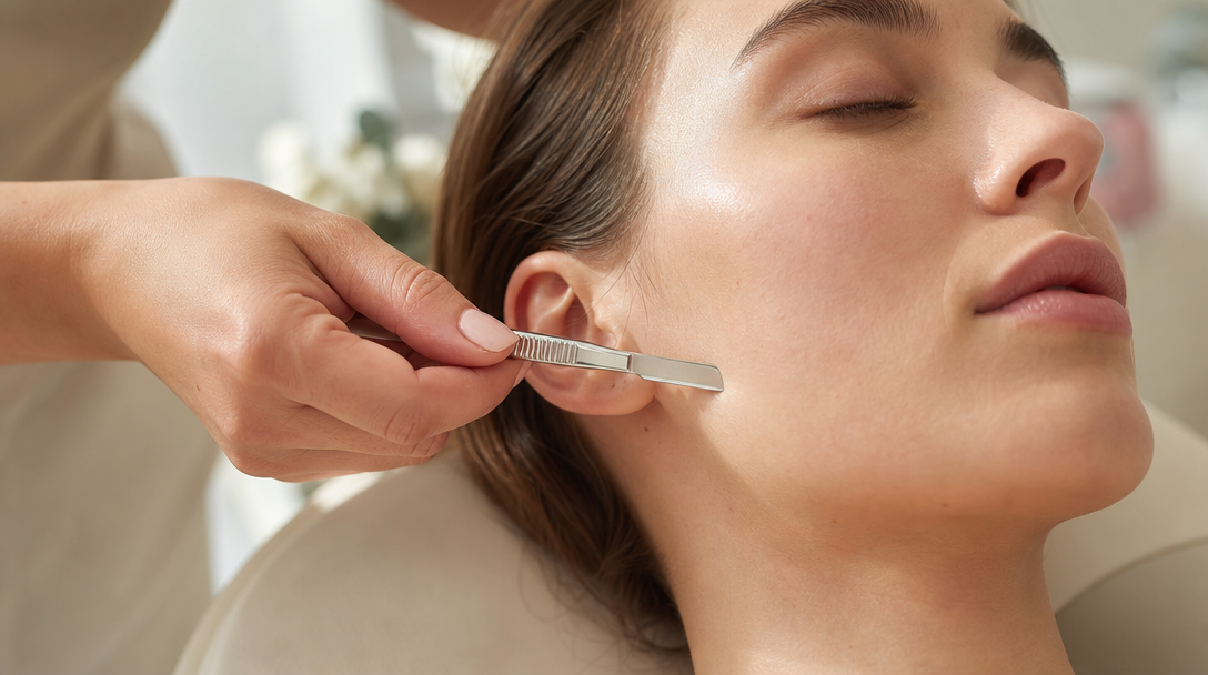A clinician's gloved hand holds a dermaplaning tool at a shallow angle against a patient's cheek in a calm, warmly lit treatment room