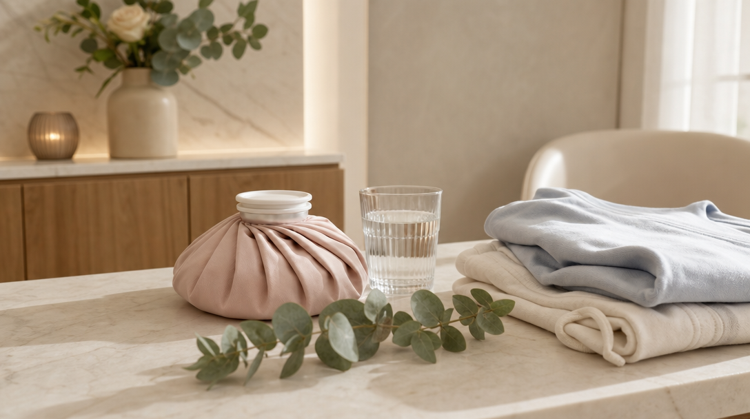 An ice pack, water and comfortable clothing laid out for post-treatment aftercare