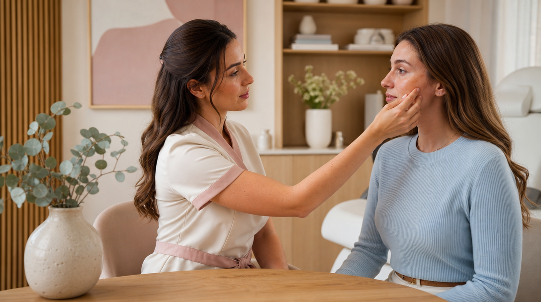 A CoLaz clinician reviews irritated skin with a patient during a calm consultation about microdermabrasion recovery