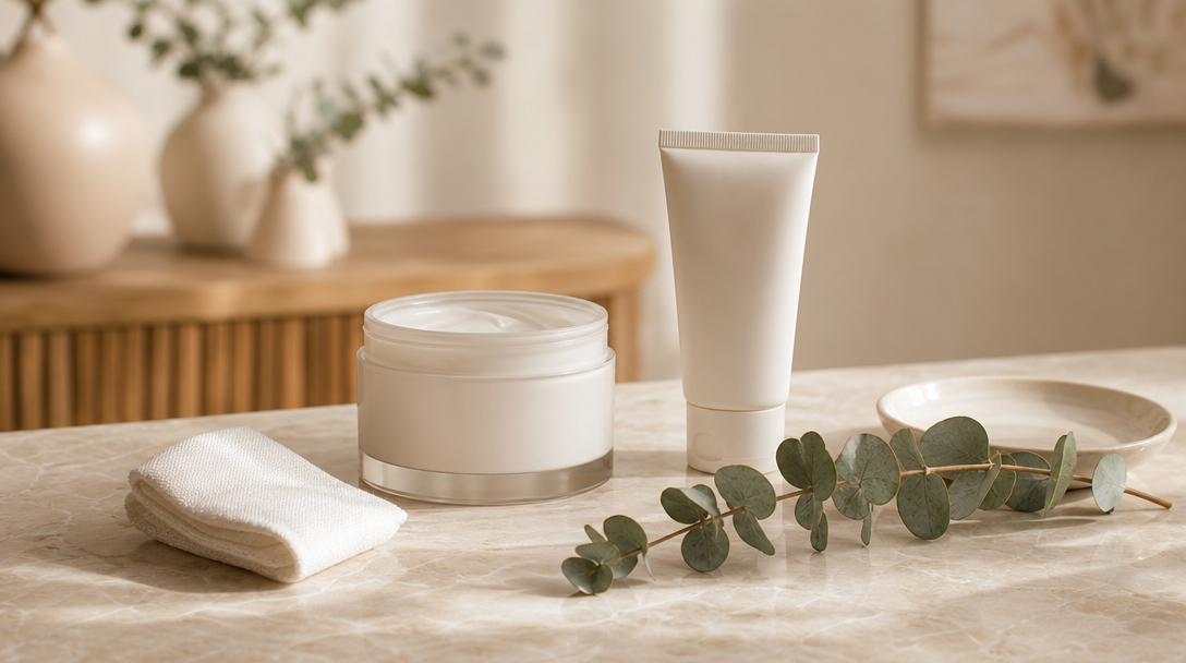 Editorial still life of fragrance-free moisturiser, a cotton pad and SPF on a cream marble surface with a sprig of eucalyptus