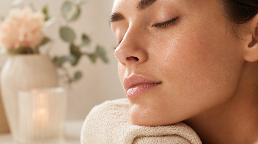 Close-up of calm, evenly toned cheek and jawline resting on a soft cream towel, looking healthy and recovered