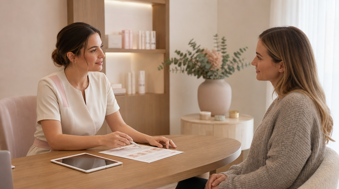 A clinician and a patient talking through a treatment plan at a calm, warm aesthetic consultation in a modern clinic room