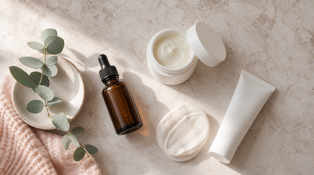 An unbranded serum dropper, moisturiser jar, cotton pad and eucalyptus arranged on a cream marble surface
