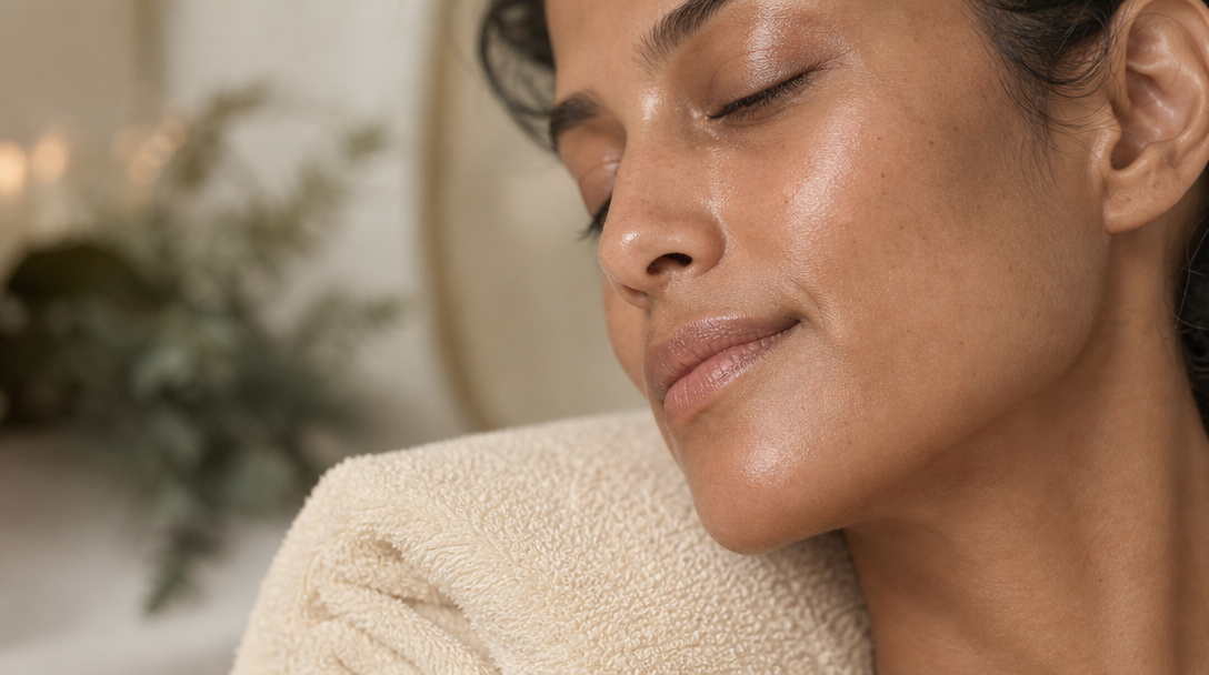 Close-up of smooth, naturally glowing skin on a cheek and jawline resting on a soft cream towel