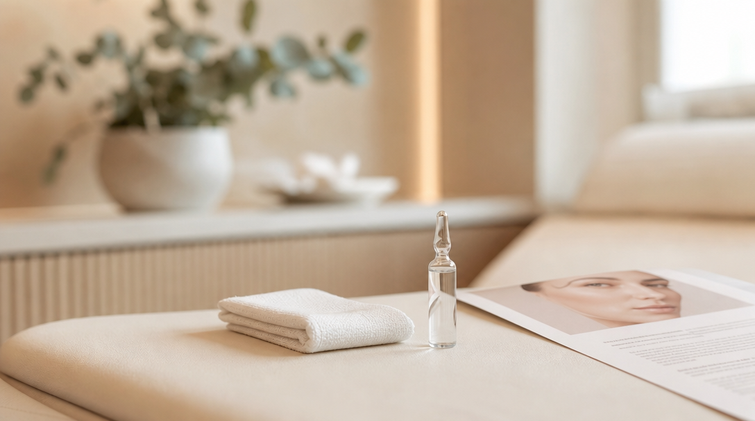 A fat-dissolving ampoule beside a printed information leaflet on a cream surface