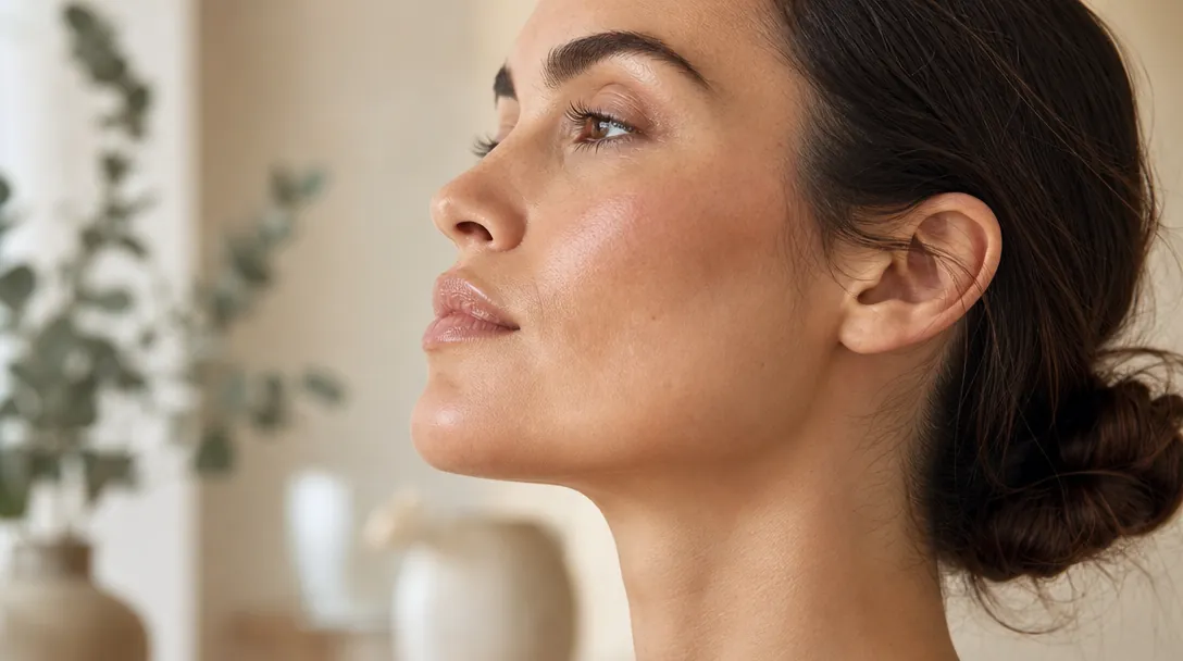A close-up of a woman's chin in soft natural light, with a few fine hairs visible against clear skin