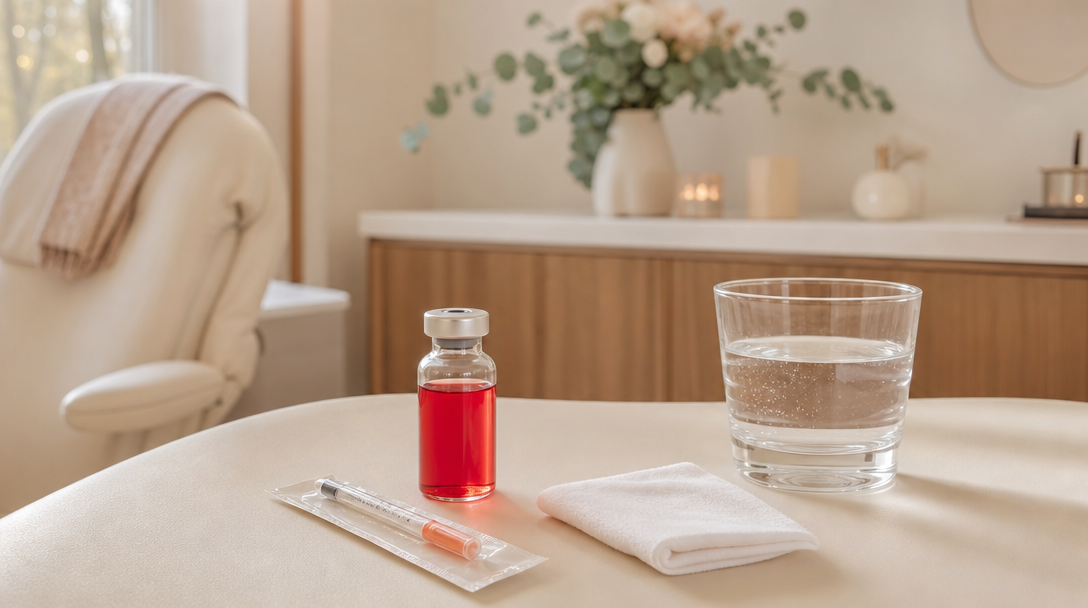 A vial of red B12 solution, a sealed needle and a glass of water on a cream clinical surface