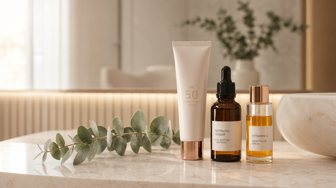 SPF, retinoid and vitamin C arranged for an anti-ageing skincare routine