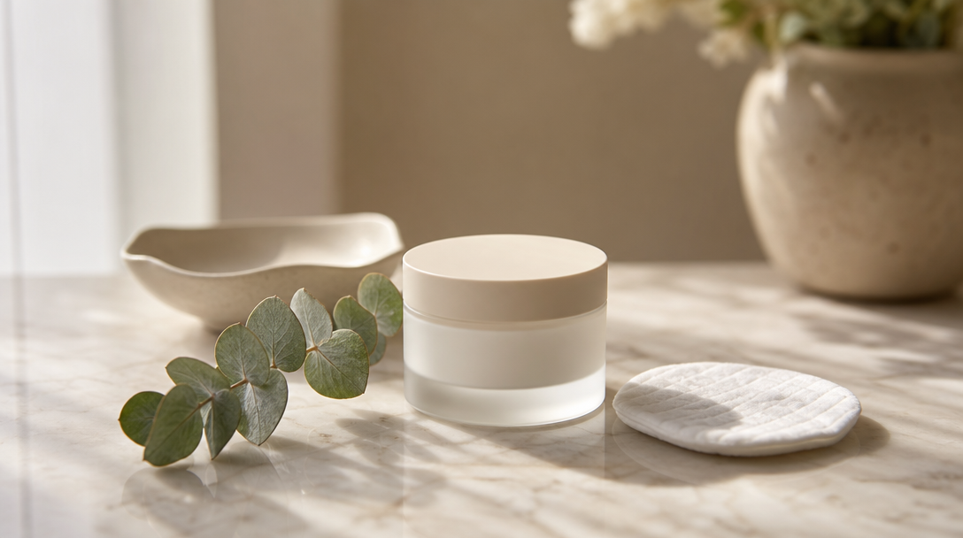 Editorial still life of a fragrance-free moisturiser, a cotton pad and a sprig of eucalyptus on a cream marble surface in soft daylight