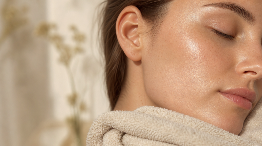 Close-up of calm, evenly toned skin on a cheek resting on a soft cream towel, photographed in gentle natural light