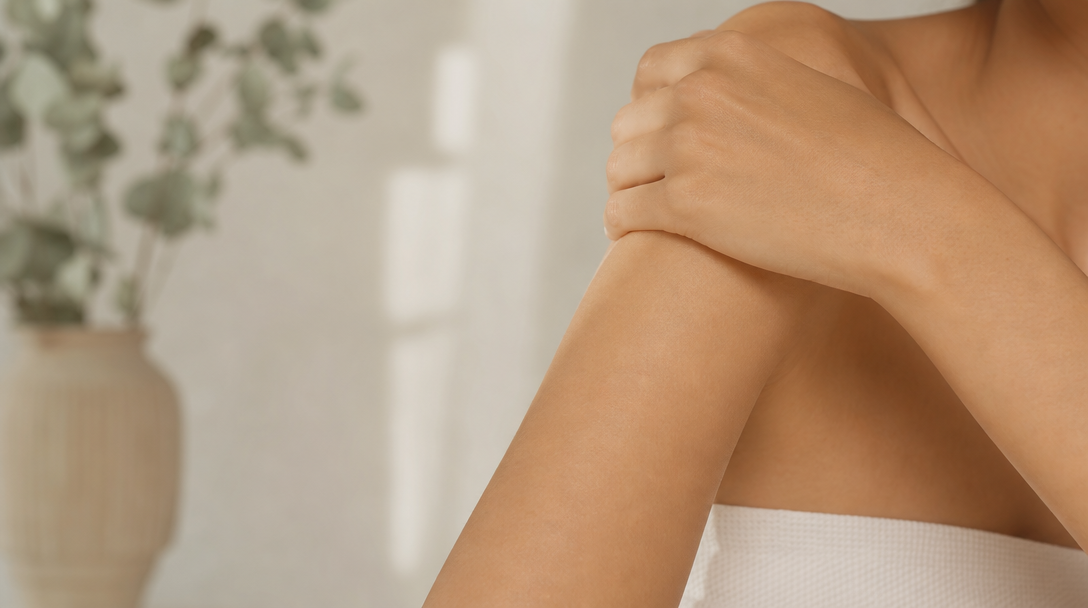 A woman's smooth forearm and shoulder against a cream background