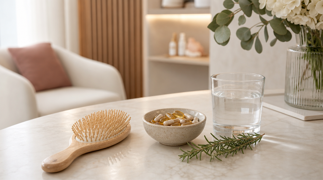 A hairbrush, supplements and water arranged to show hair-health factors