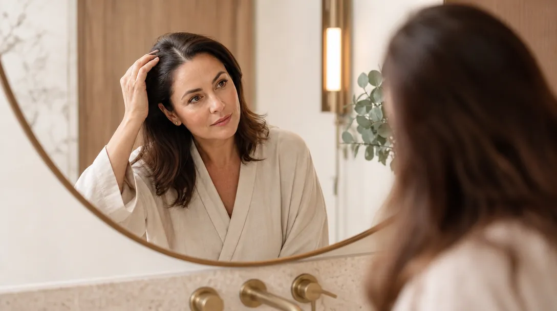 A CoLaz clinician examines a patient's scalp under a magnifying lamp during a hair thinning consultation in a calm clinic room