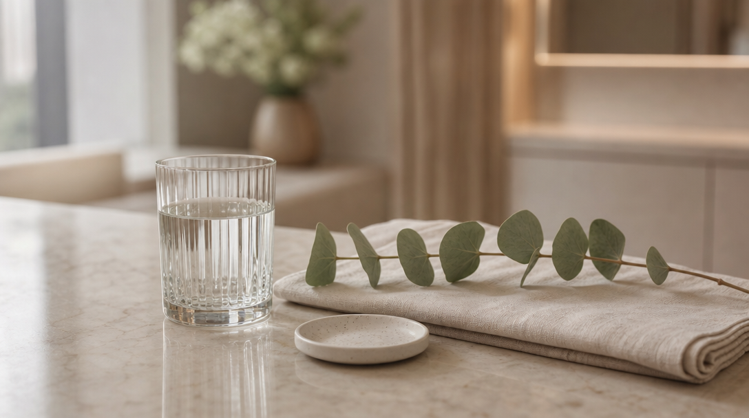 Editorial still life on a cream surface: a glass of water, a folded linen cloth, a sprig of eucalyptus and a small ceramic dish in soft daylight