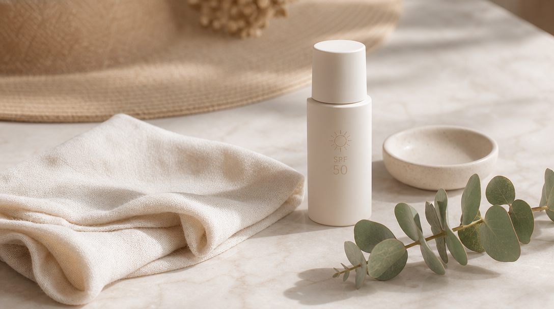 Editorial still life of an SPF bottle, a folded cream cloth, a sun hat and a sprig of eucalyptus on a cream surface