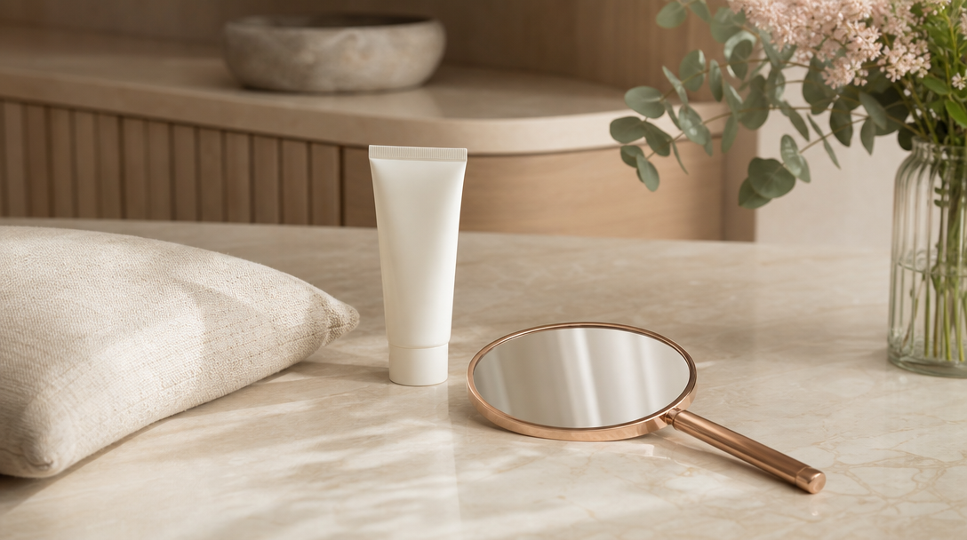 SPF, a hand mirror and a pillow illustrating sun and sleep habits behind one-sided wrinkles
