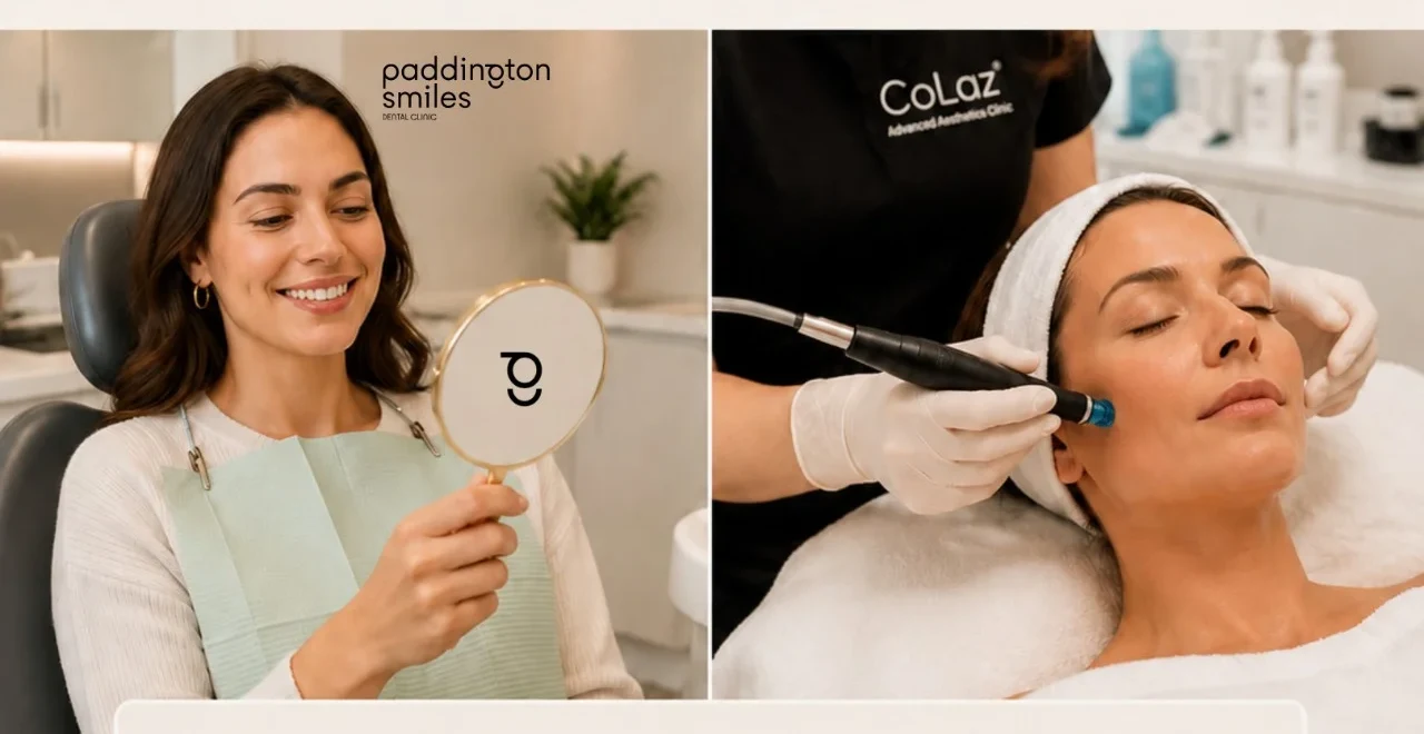 A client at Paddington Smiles dental clinic and a client receiving a Hydrafacial at CoLaz Paddington