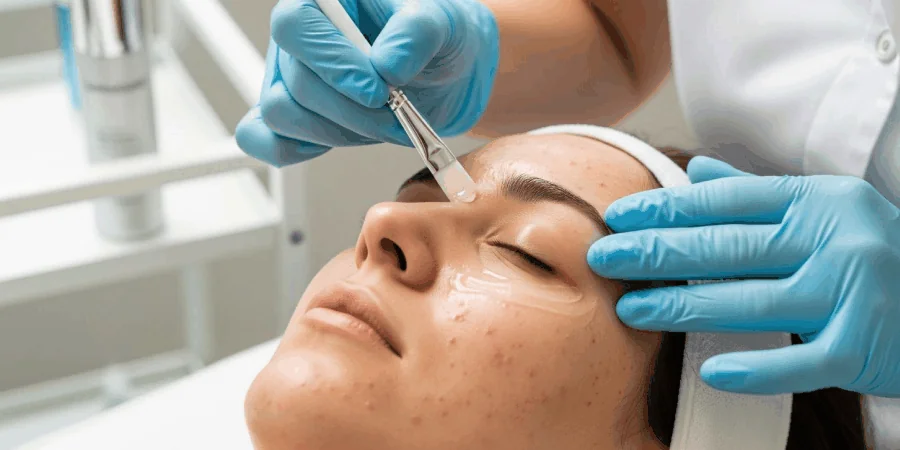 Blue-gloved CoLaz specialist applying a targeted acne peel solution with a fine dropper to a patient with active inflammatory acne on the cheek and jawline