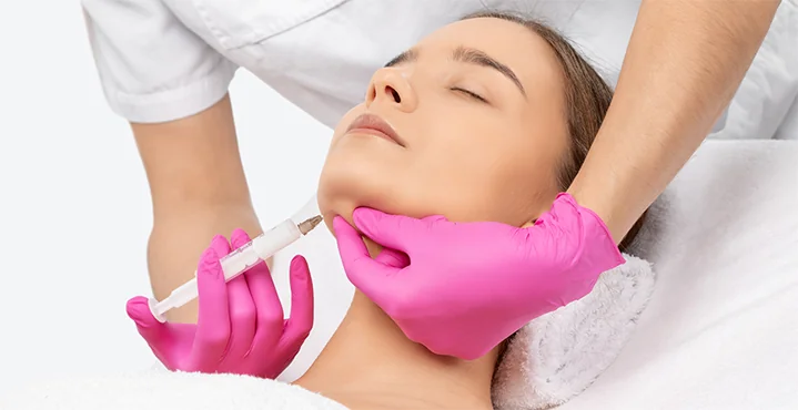 CoLaz qualified clinician administering an Aqualyx injection along the patient's jawline to dissolve submental fat under the chin
